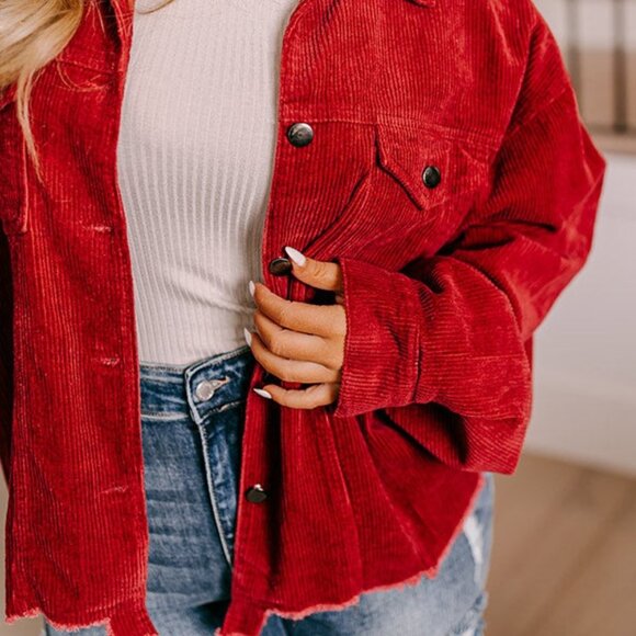 POL Long Sleeve Corduroy Button Down Fringe Shacket Rust  New - Picture 7 of 12